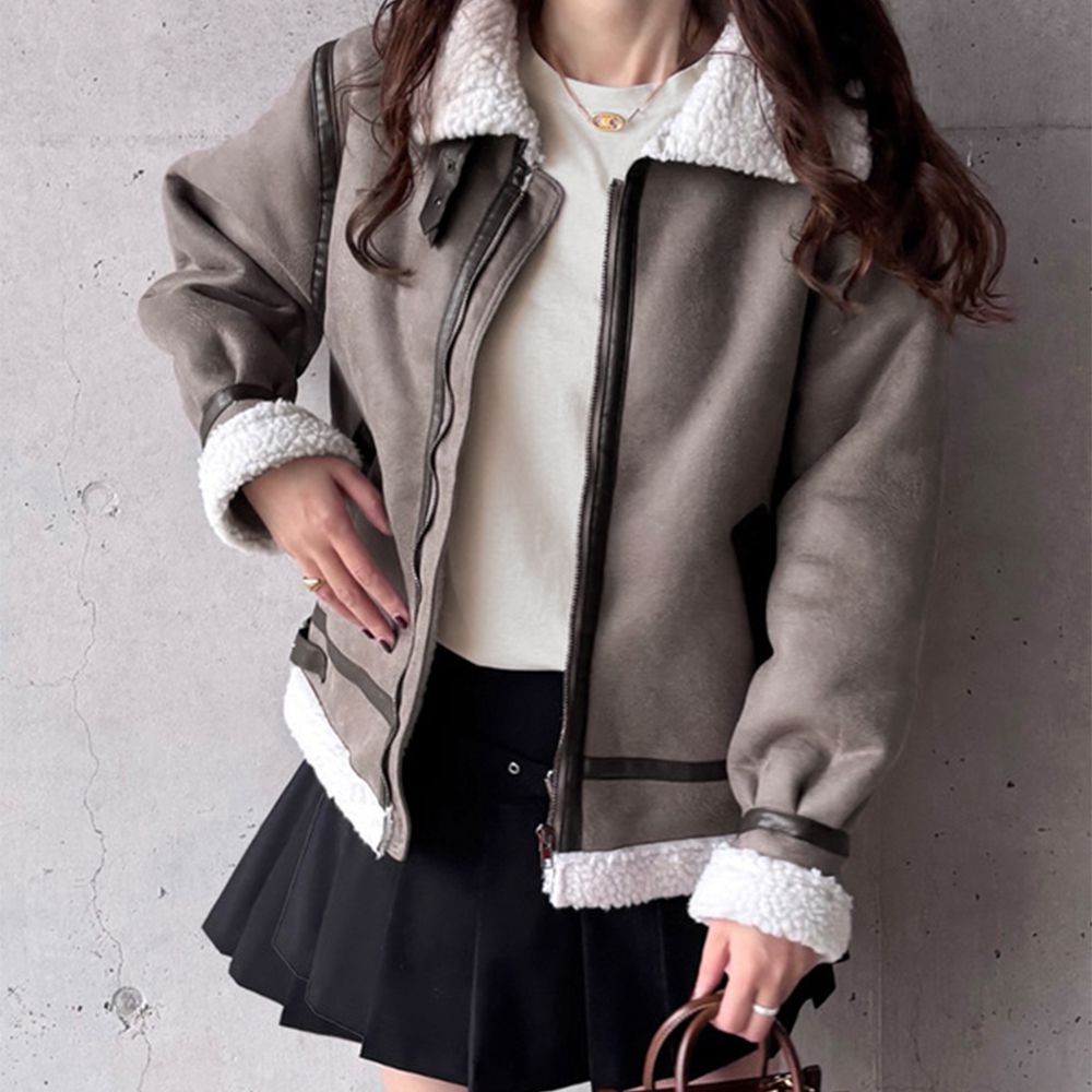 復古皮革風毛絨立領騎士外套-灰 (F)