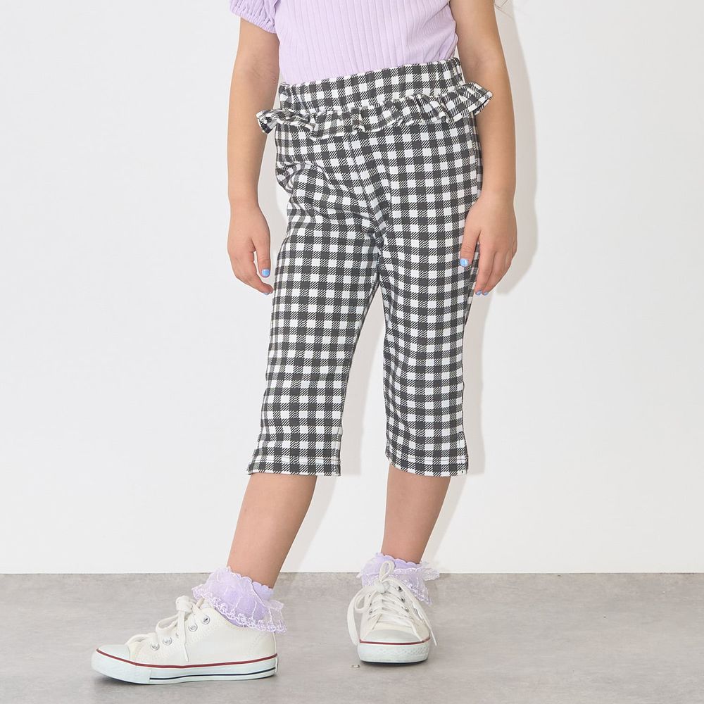腰間QQ荷葉百搭好動七分褲-格子x黑白