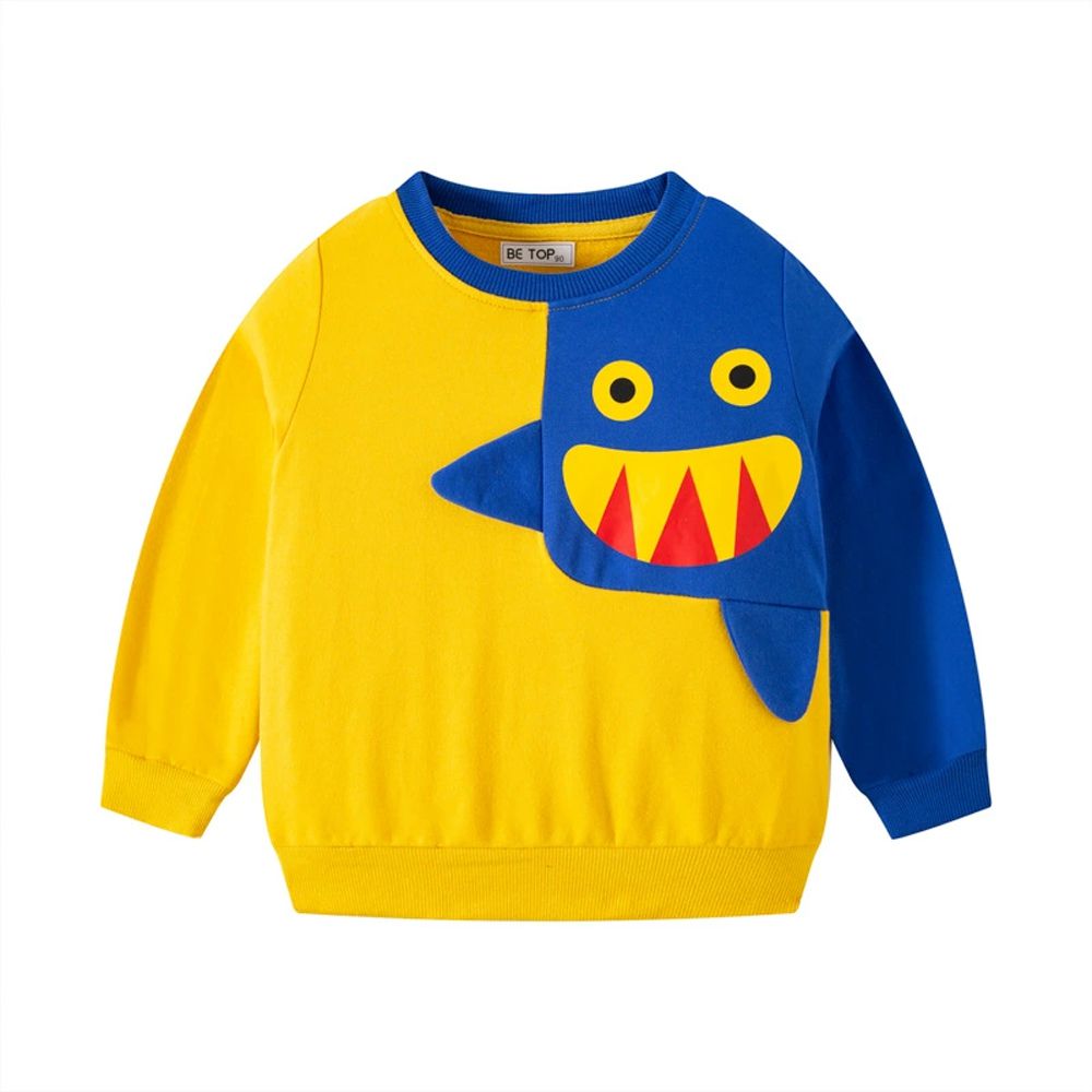 純棉立體造型長袖上衣/大學T-Q版鯊魚-拼色黃