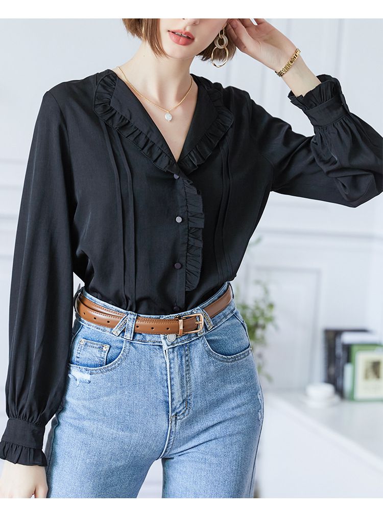 氣質荷葉邊長袖襯衫-黑色
