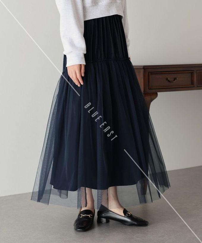 日本 BLUE EAST - 薄紗絲絨拼接飄逸長裙-(可選長度)-深藍