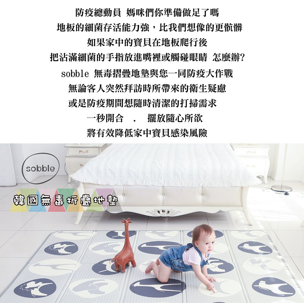 韓國 sobble - Sobble 無毒折疊地墊-童趣鯨魚-清新藍 (200x140 厚度 1.1(CM))