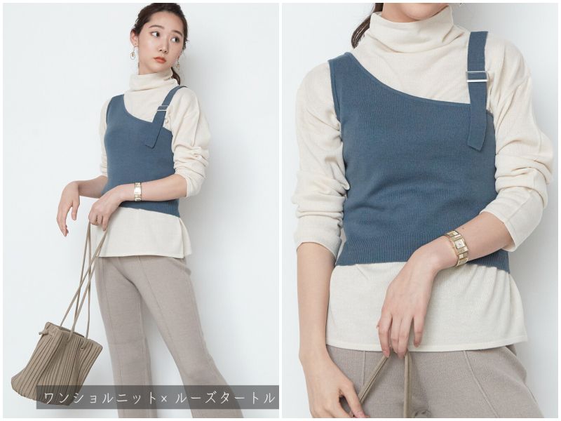 日本女裝代購 - 斜肩背心X套頭長T兩件組-黑 (M(Free size))