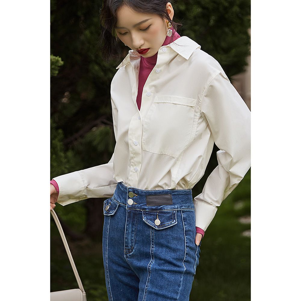 時尚寬鬆貼口袋長袖襯衫-白色