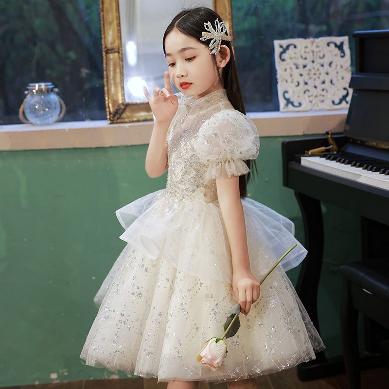 半高領立體雙層網紗公主袖禮服-星星亮片-香檳色