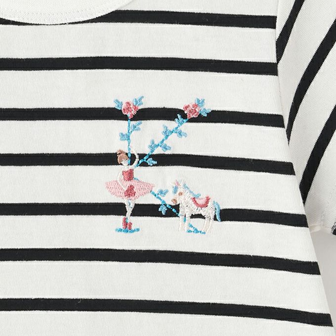 日本 petit main - 荷葉邊英文刺繡短袖上衣-A-藍