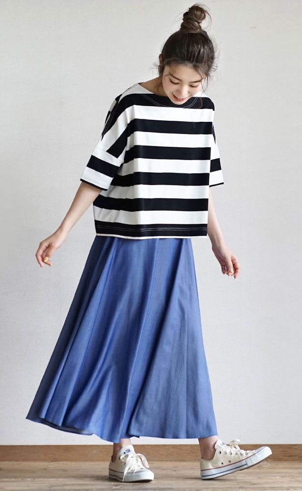 日本 zootie - 顯瘦修身設計 粗條紋五分袖上衣-灰