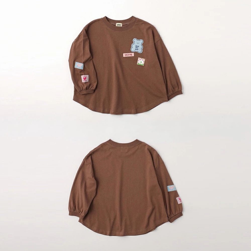童趣刺繡徽章寬版長袖上衣-咖啡