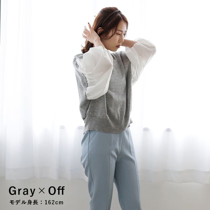 日本 ihuu - 氣球袖拼接薄針織上衣-黑x白