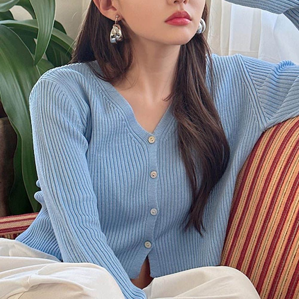 V領羅紋喇叭袖短上衣/薄外套-寶貝藍