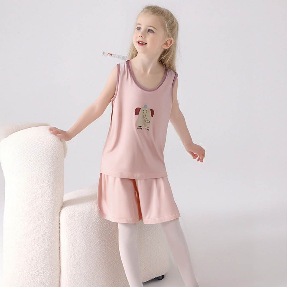 涼感莫代爾無袖套裝/家居服-大象-粉色