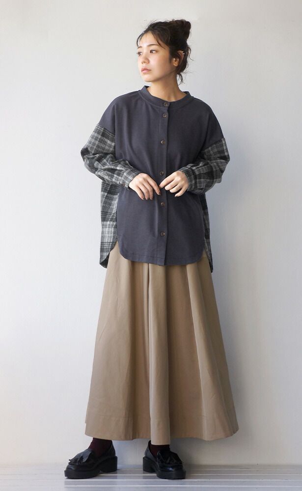 日本 zootie - 寬版拼接格子撞色開襟衫-葡萄紫