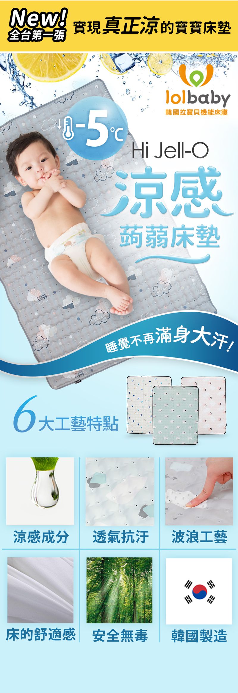 韓國Lolbaby - Hi Jell-O涼感蒟蒻床墊_嬰兒床墊-標準款-(藍天兔兔)