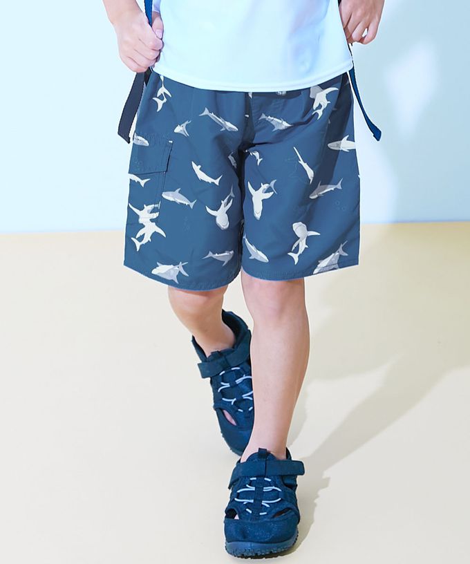 日本 devirock - 90%抗UV 鬆緊印花沙灘褲/泳褲(含內褲)-棕櫚樹-海軍藍