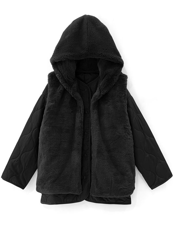 日本 GRL - 毛絨連帽背心x泡泡壓紋鋪棉外套兩件組-米杏 (F)