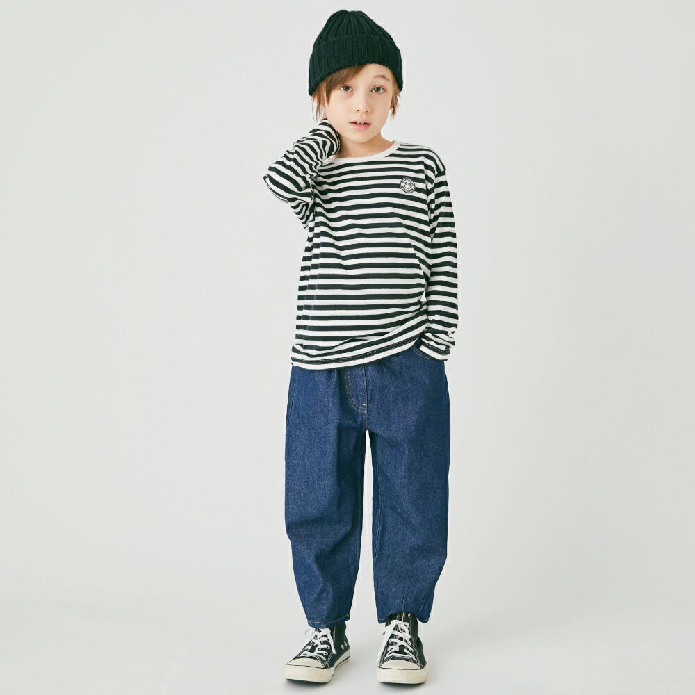 日本 evercloset - 定番條紋純棉長袖上衣-笑臉徽章-海軍藍