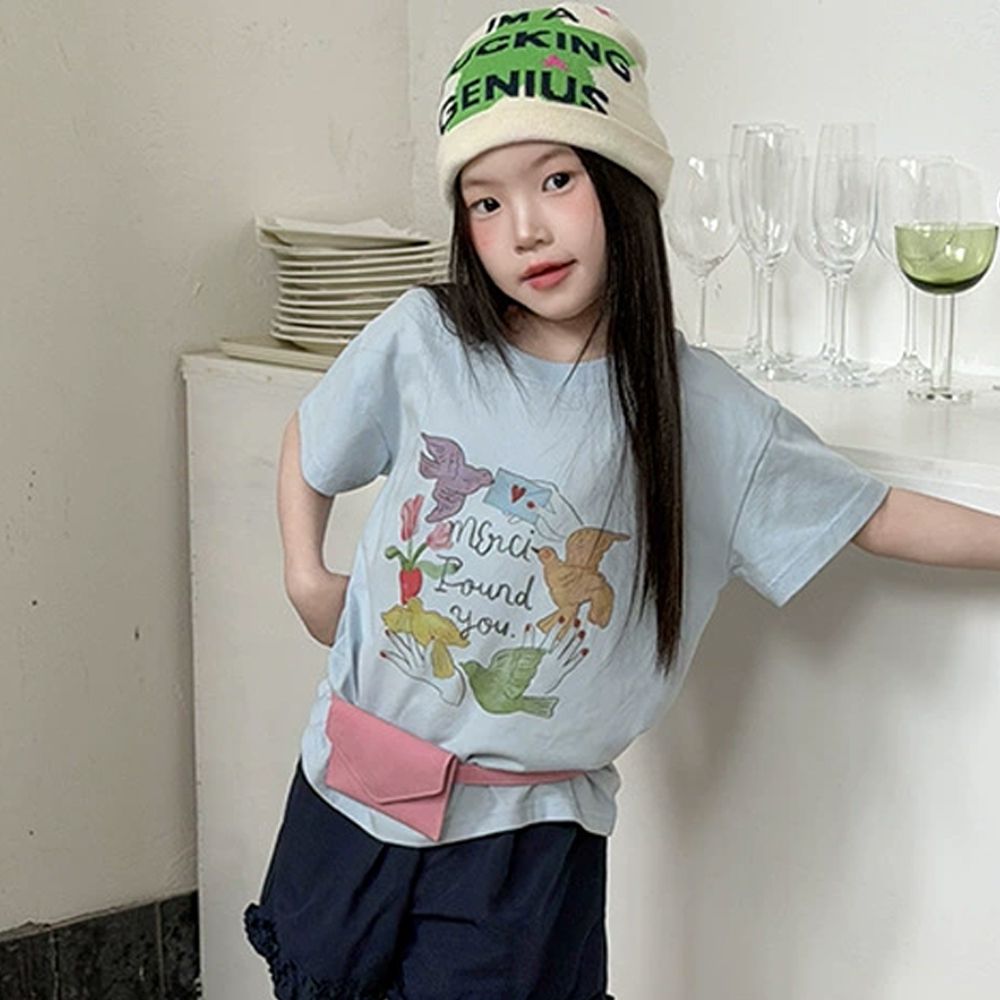 手繪風美式休閒純棉短袖上衣-Merci Found You-藍色