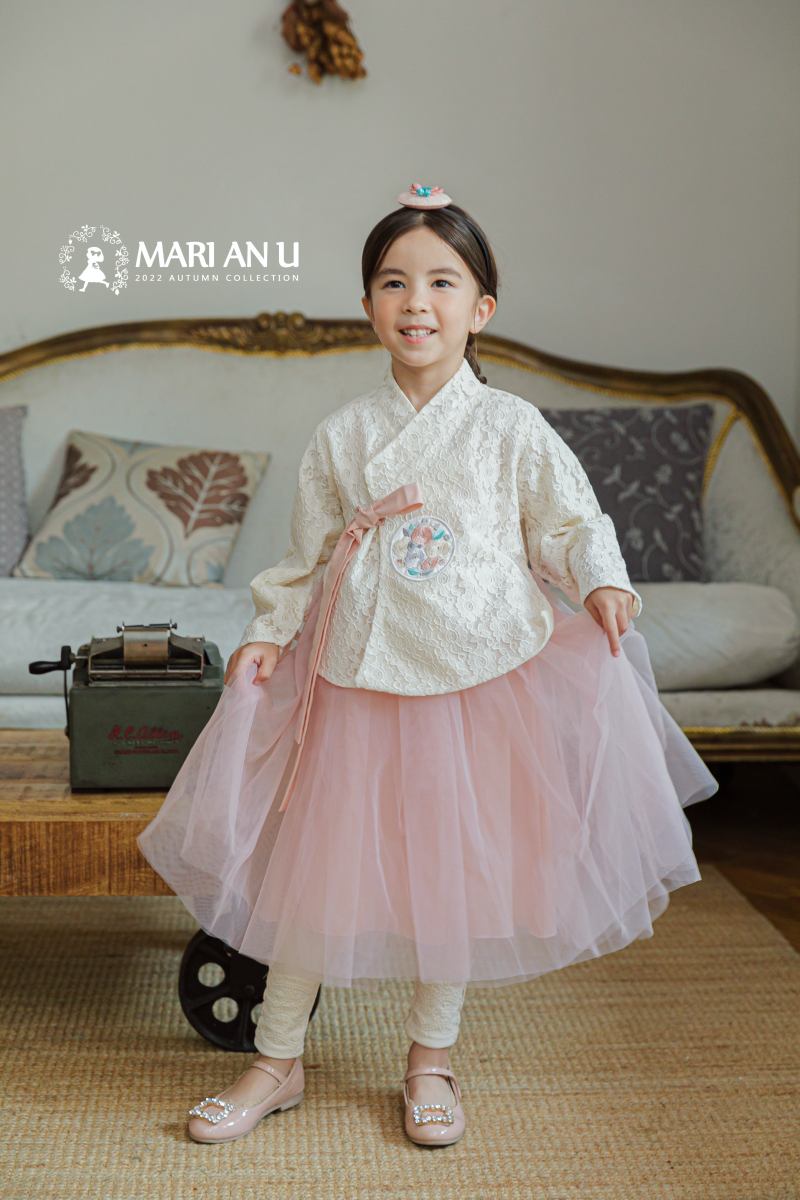 韓國 Mari an u - 兩件式蕾絲雕花網紗韓服-米X粉