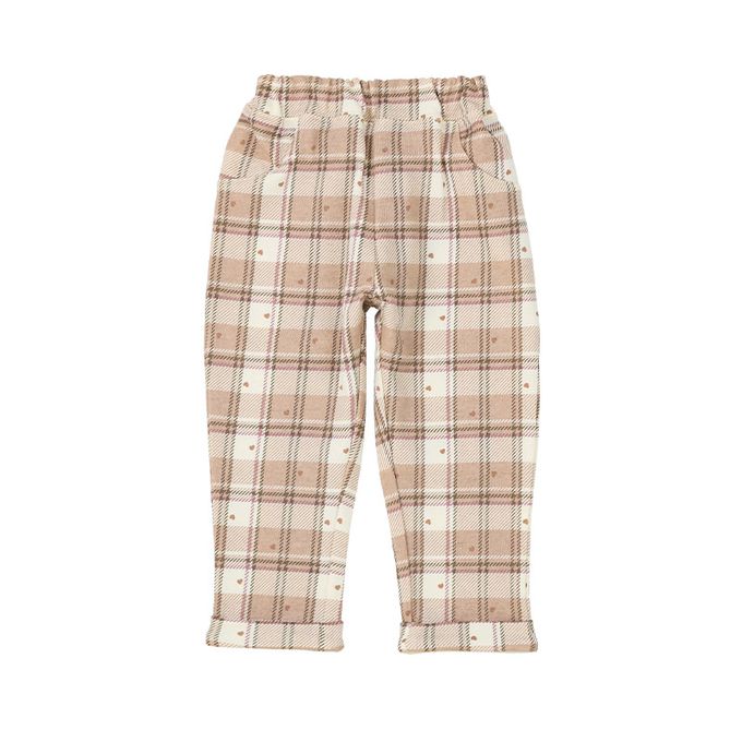 日本 ZOOLAND - 甜蜜愛心氣質格紋長褲-摩卡粉