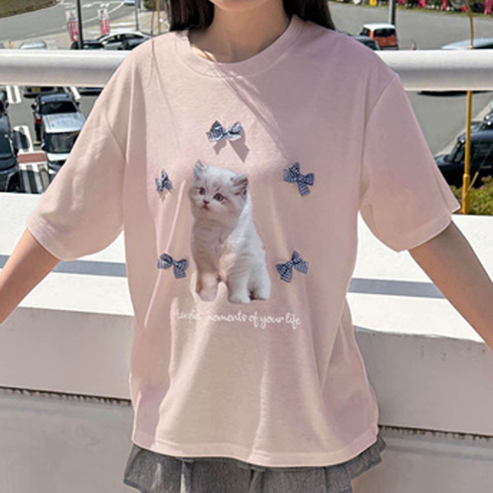 蝴蝶結裝飾可愛印花T恤-萌萌小貓-粉紅 (F)