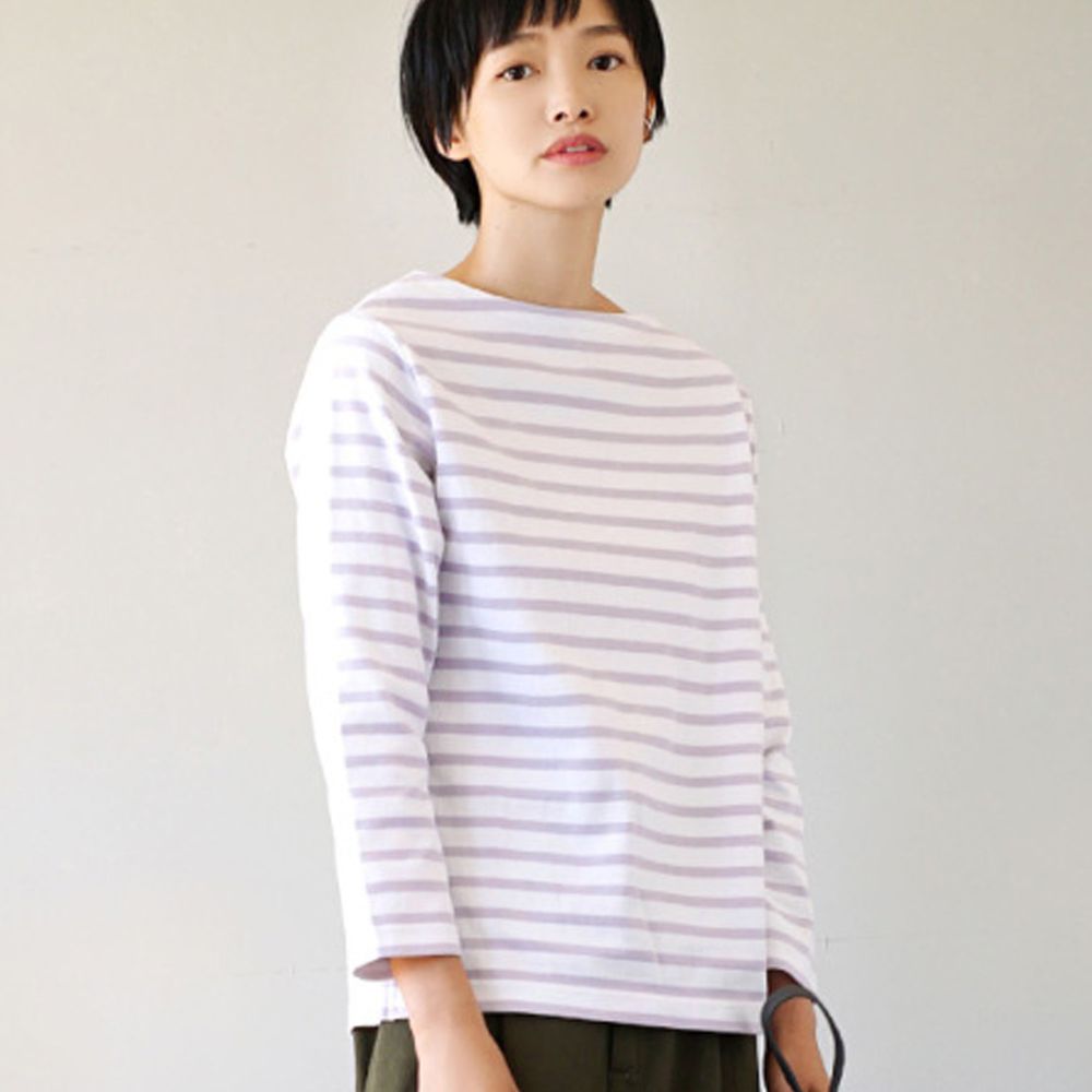 日本 zootie - [撥水/撥油加工] 純棉百搭八分袖上衣-細條紋-薰衣草