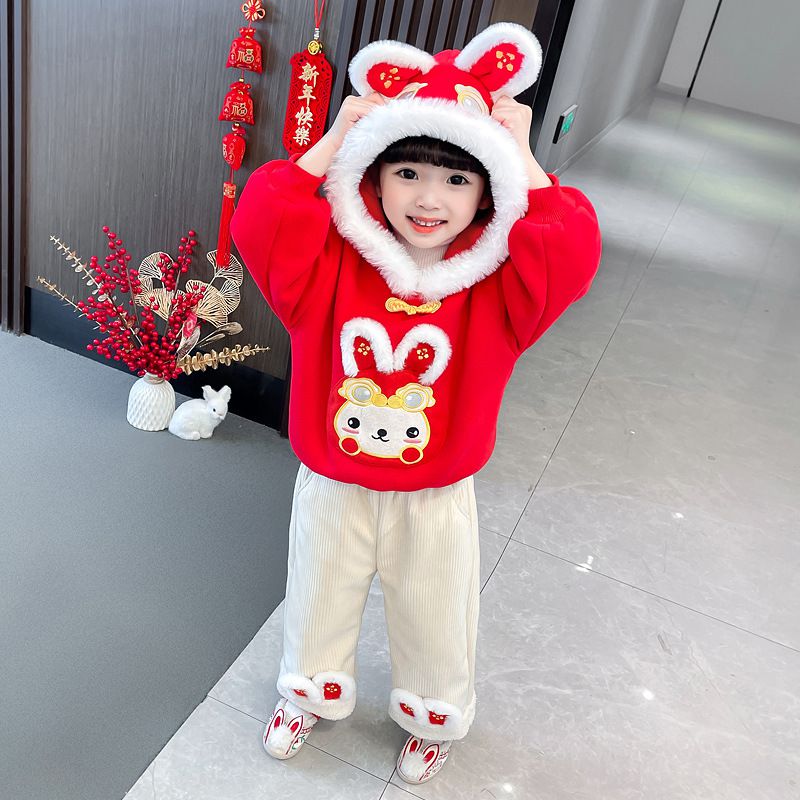 加絨喜氣洋洋拜年套裝-萌萌兔子年獸-紅+白