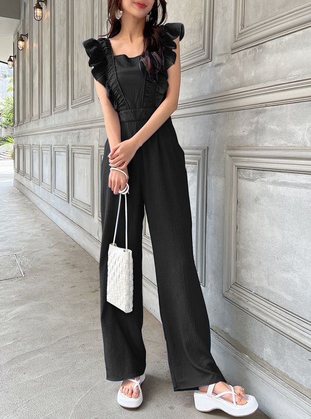 日本 GRL - 率性荷葉邊連身吊帶褲-摩卡