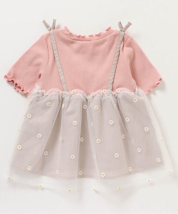 日本 apres les cours - 花朵刺繡拼接夢幻短袖上衣-卡其x粉紅