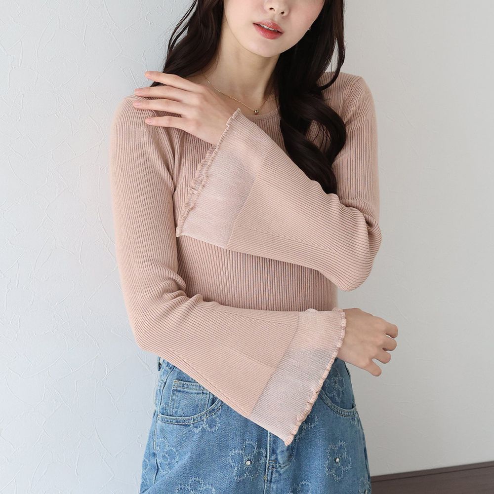 修身羅紋透膚層次喇叭長袖上衣-粉卡其