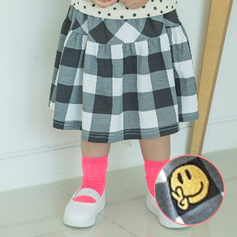 韓國 Mimico - 格紋刺繡笑臉短裙-黑