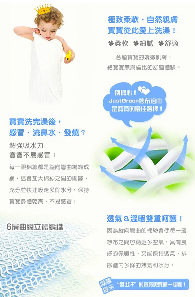 JustGreen - 十層澎澎紗純棉紗布浴巾-藍 (120x95cm)