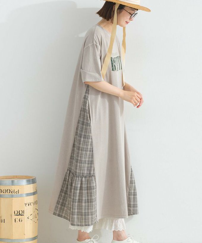 日本 Lupilien - 復古寬鬆格紋拼接短袖洋裝-BETTER-炭黑