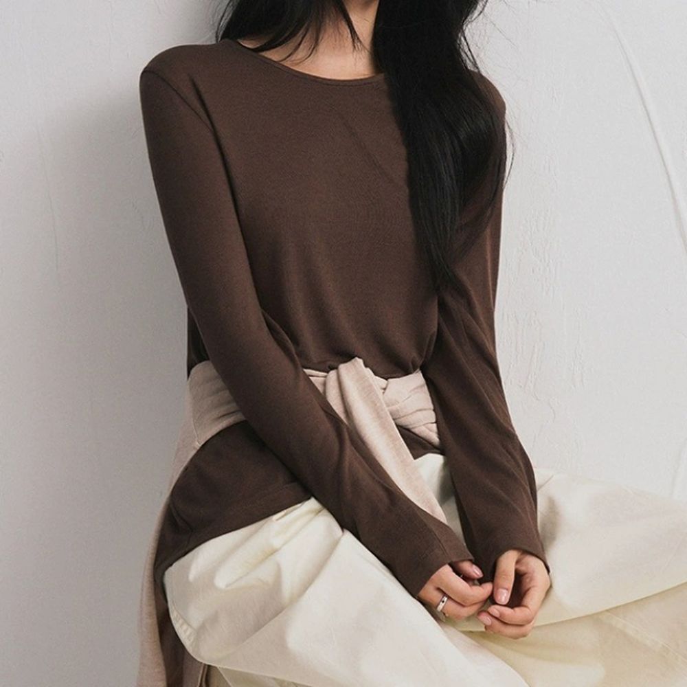 輕絨暖感3%羊毛天絲莫代爾寬鬆長袖上衣-岩絨棕
