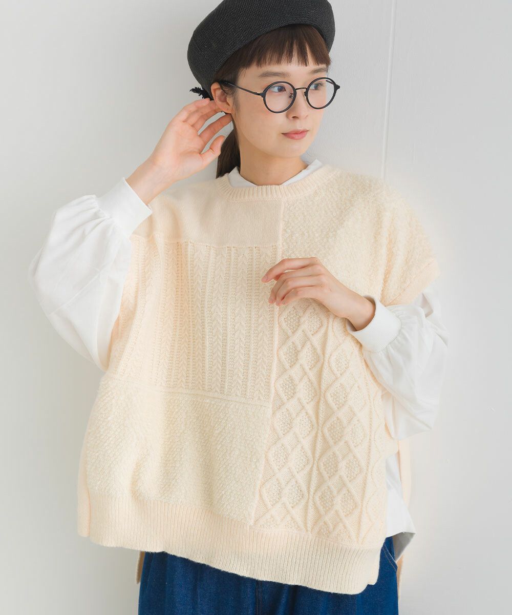 日本女裝代購 - 圓領編織紋拼接針織背心-咖啡