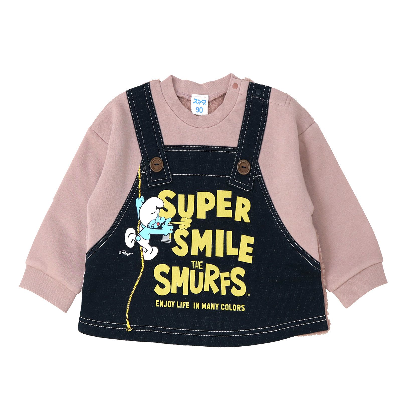 日本 ZOOLAND - 藍色小精靈聯名 保暖長袖上衣-牛仔吊帶塗鴉-奶油杏