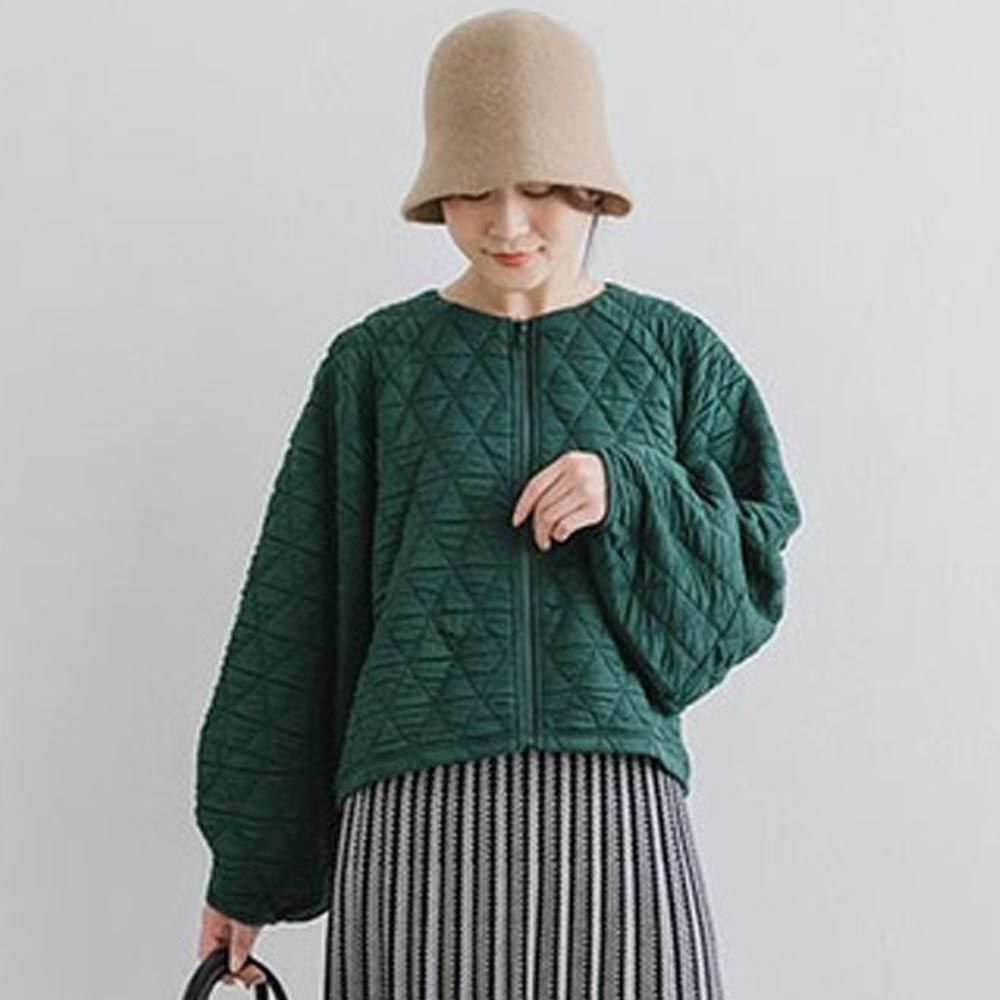 日本 ihuu - 輕盈感絎縫澎袖拉鍊外套-濃綠