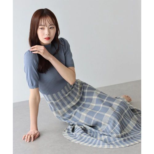 日本 BLUE EAST - 優雅高腰針織短袖洋裝-格紋-灰藍