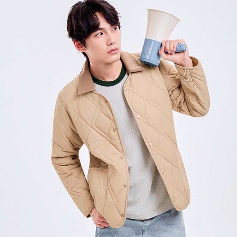 輕暖 2WAY可拆式翻領 羊毛鋪棉絎縫外套-男款-摩卡