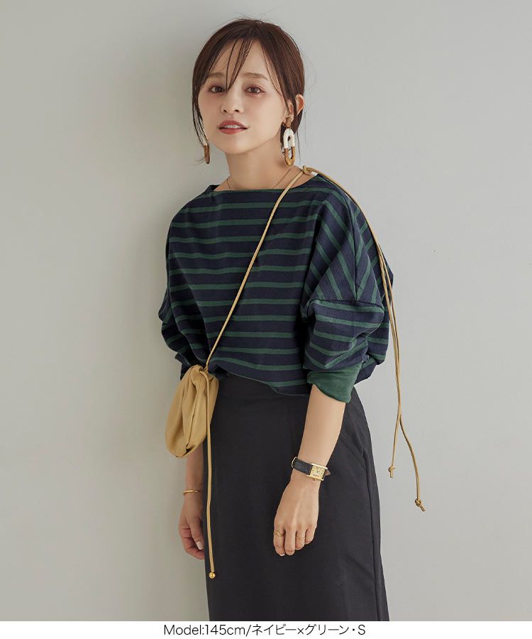 日本 Kobe Lettuce - 聯名款 船領百搭長袖上衣-條紋-白x淺灰