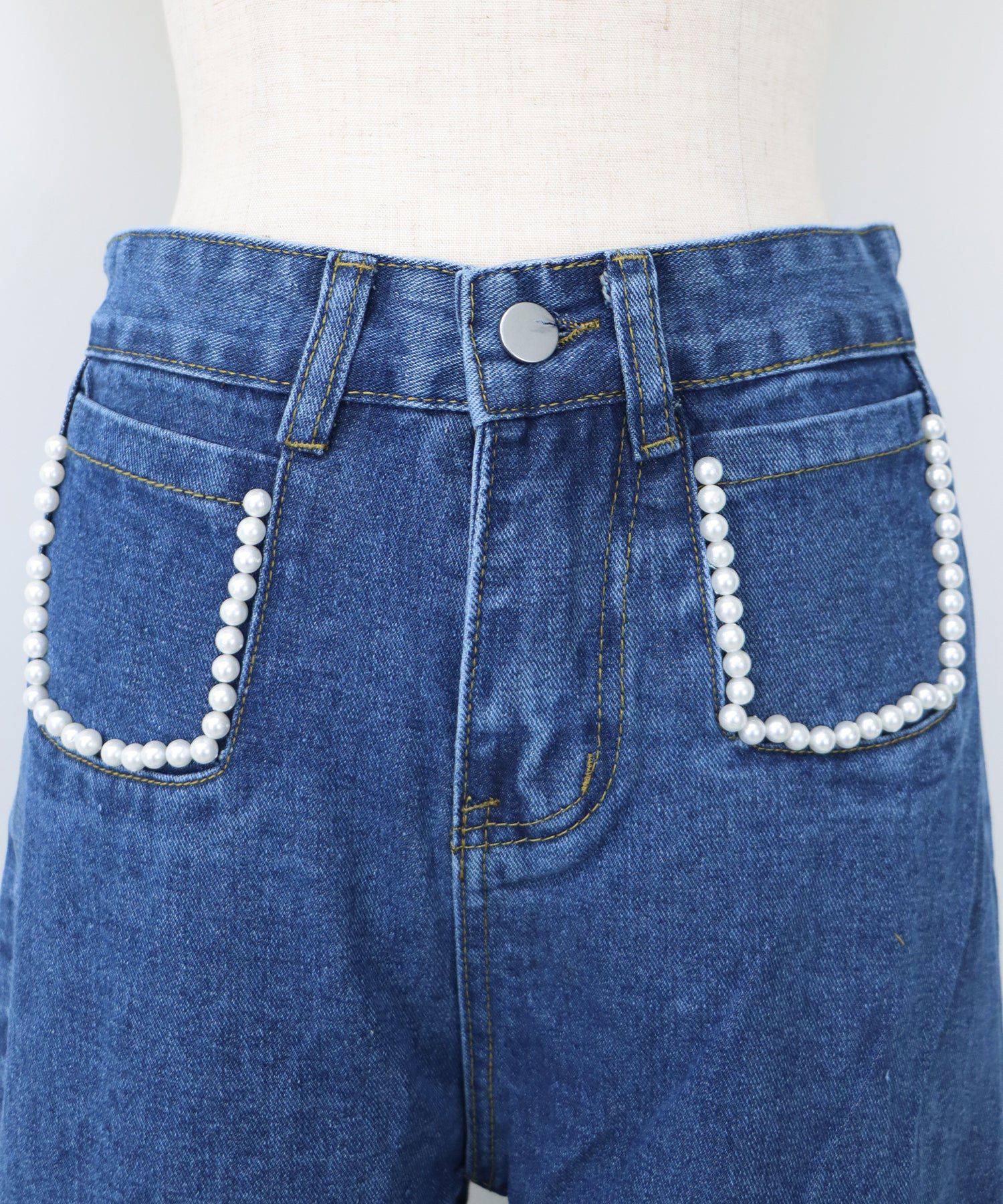 日本 BLUE EAST - 熱銷款 時尚珍珠點綴牛仔褲-B款-靛藍