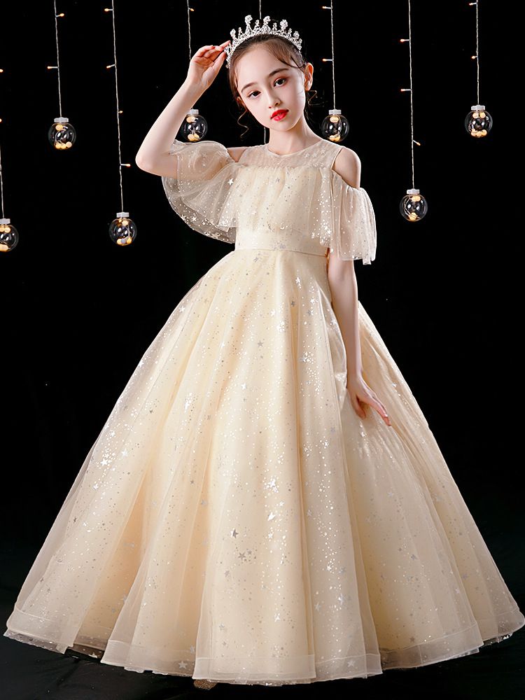 削肩式網紗亮片禮服-白色