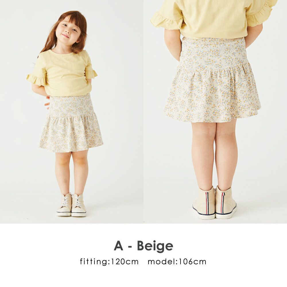 日本 evercloset - 女孩時尚印花鬆緊短裙(有打底褲)-格紋-橘系