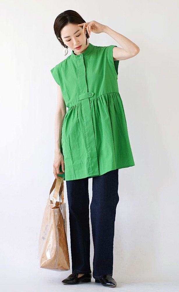 日本 zootie - 設計感抓皺修身無袖襯衫-綠