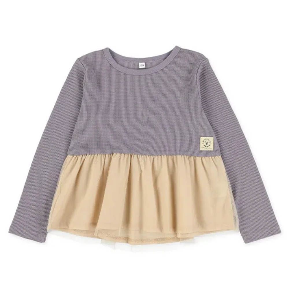 華夫格層次薄紗長袖上衣-紫