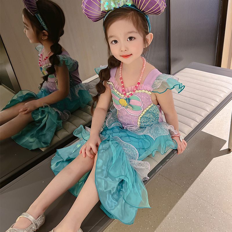 無袖造型萌萌連身公主裙-卡通人物-美人魚-藍綠+紫