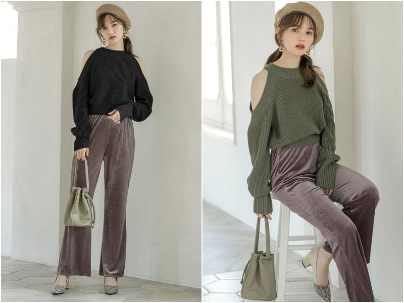 日本 GRL - 雙挖肩羅紋毛衣-卡其綠