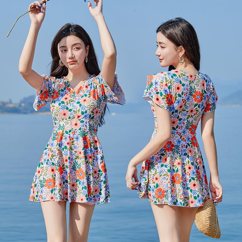 甜美碎花修身顯瘦遮肉連身裙泳衣-滿版花花-深藍+橘