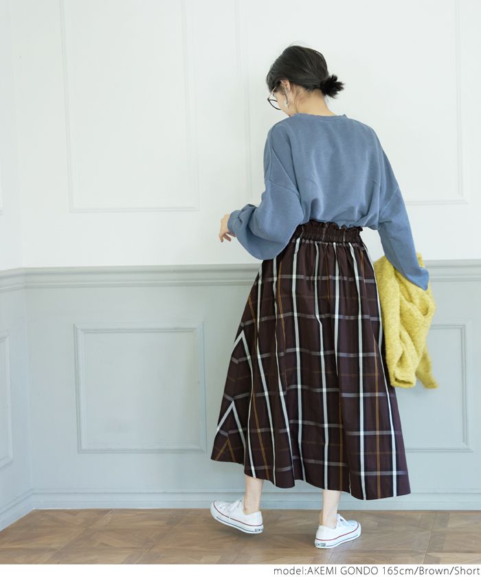 日本 COCA - 寬鬆格紋口袋長裙-咖啡 (［Long］長100cm)