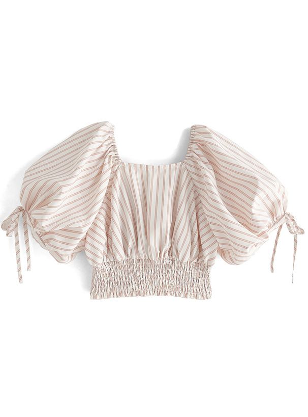 日本 GRL - 2WAY夏日感綁帶氣球袖上衣-淺杏粉