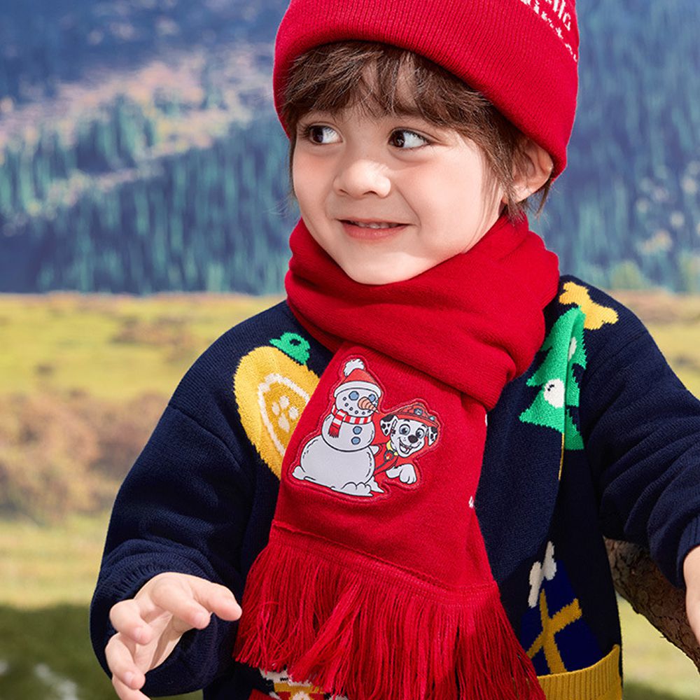 卡通汪汪隊流蘇貼布繡圍巾85x10cm-卡通人物毛毛-紅色